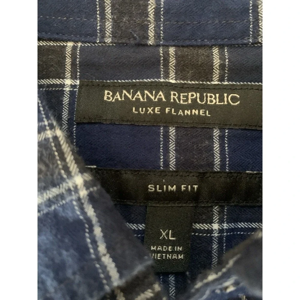 Banana Republic Luxe Flannel Shirt Mens XL Slim Fit   Blue‎ Black Plaid Rugged